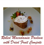 recipe Rolled Macadamia Pavlova with Dried Fruit Compote